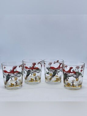 Set of 4 Hazel Atlas Golden Pheasants Whiskey Barware Rocks Low-Ball Glasses VTG